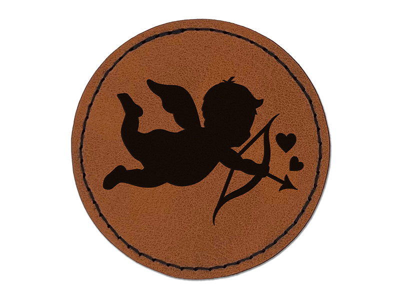 Cupid with Arrow Hearts Valentine's Day Silhouette Round Iron-On Engraved Faux Leather Patch Applique - 2.5"