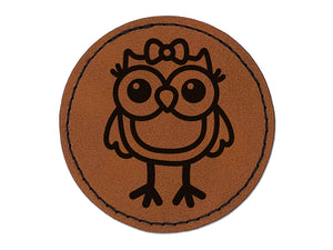 Cute Girl Owl with Bow Round Iron-On Engraved Faux Leather Patch Applique - 2.5"