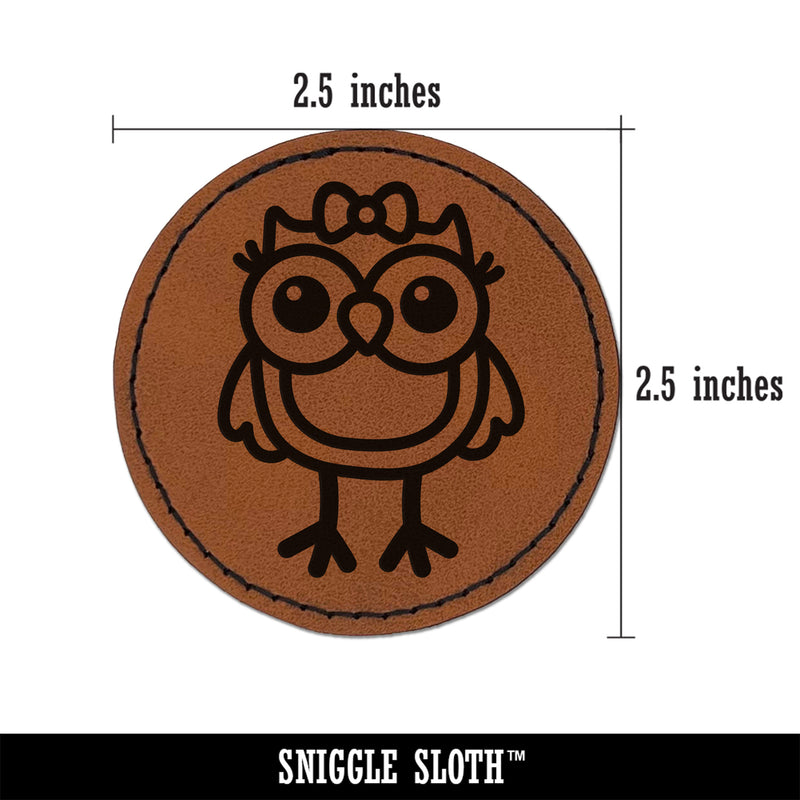 Cute Girl Owl with Bow Round Iron-On Engraved Faux Leather Patch Applique - 2.5"