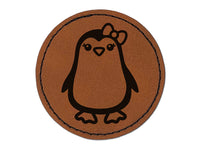 Cute Girl Penguin with Bow Round Iron-On Engraved Faux Leather Patch Applique - 2.5"