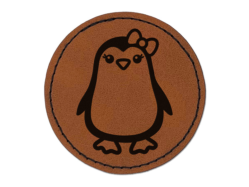 Cute Girl Penguin with Bow Round Iron-On Engraved Faux Leather Patch Applique - 2.5"