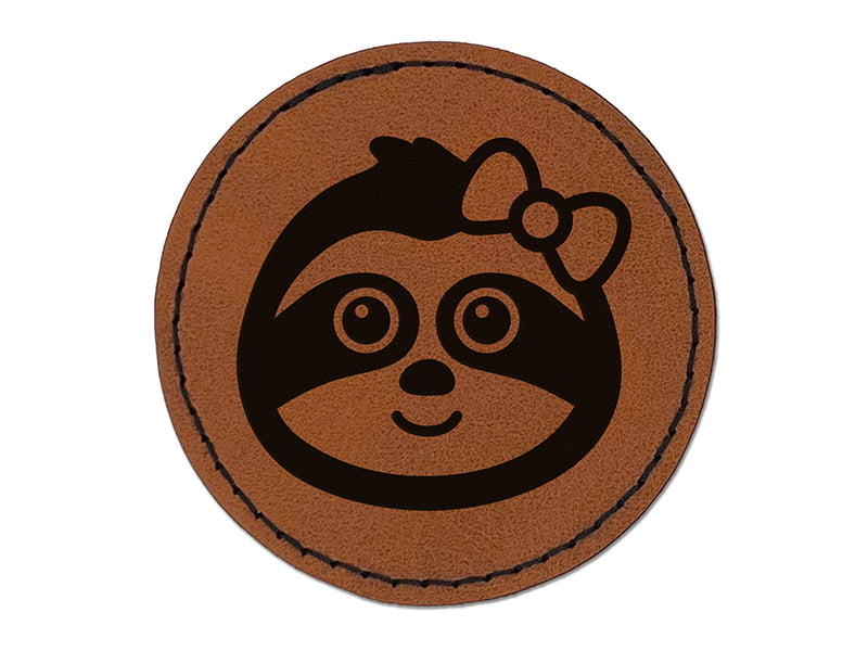Cute Girl Sloth with Bow Round Iron-On Engraved Faux Leather Patch Applique - 2.5"