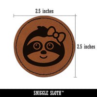 Cute Girl Sloth with Bow Round Iron-On Engraved Faux Leather Patch Applique - 2.5"