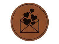 Envelope Full of Hearts Love Valentine's Day Round Iron-On Engraved Faux Leather Patch Applique - 2.5"