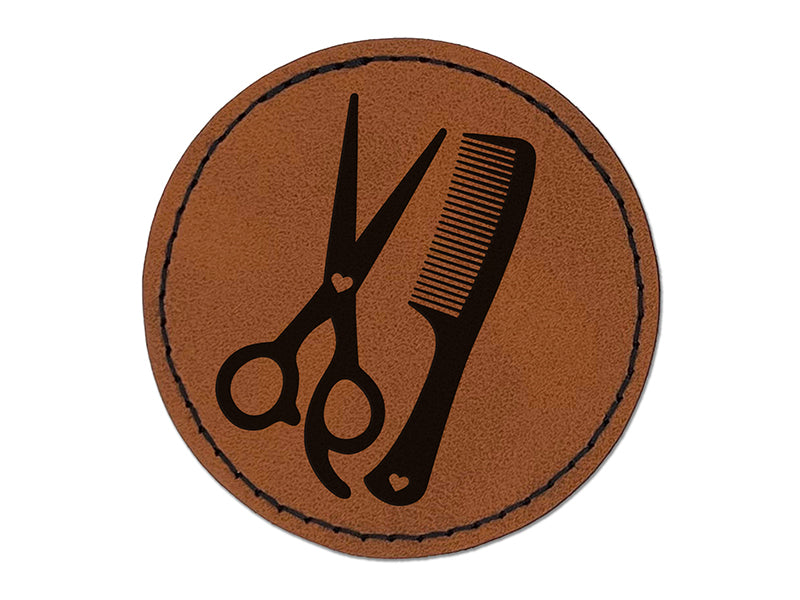 Hair Cutting Comb Scissors with Hearts Round Iron-On Engraved Faux Leather Patch Applique - 2.5"
