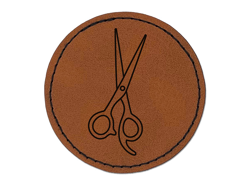 Hair Cutting Scissors Round Iron-On Engraved Faux Leather Patch Applique - 2.5"