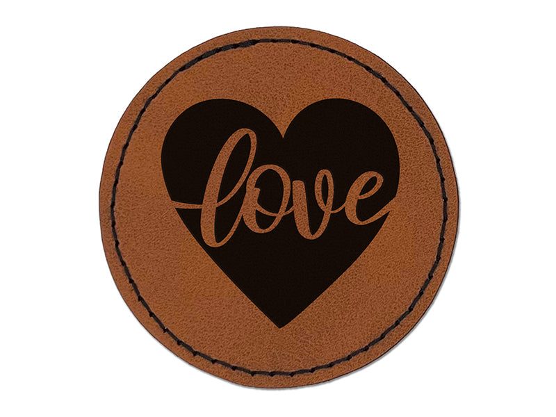 Love Script in Heart Round Iron-On Engraved Faux Leather Patch Applique - 2.5"