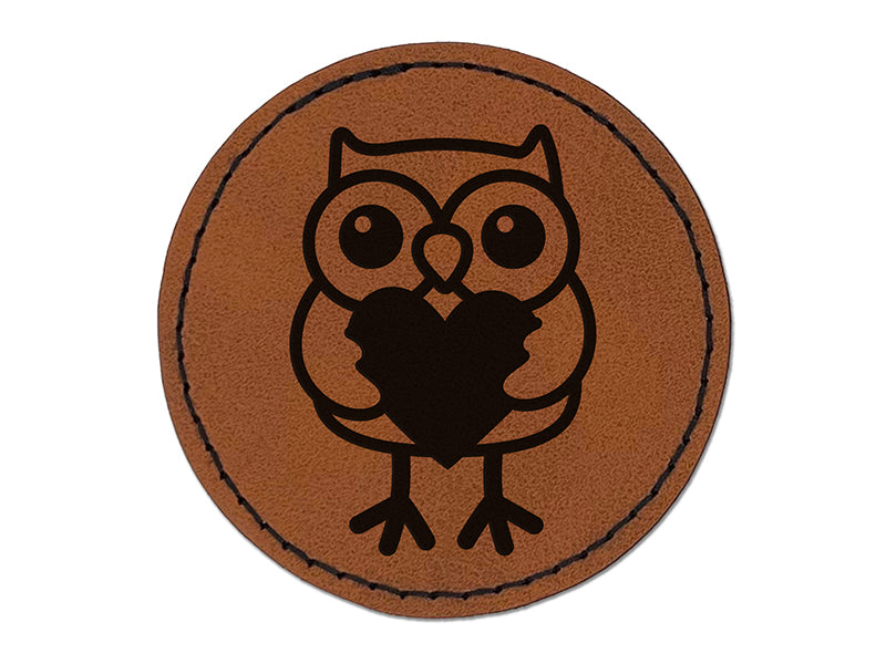 Owl Holding Heart Round Iron-On Engraved Faux Leather Patch Applique - 2.5"