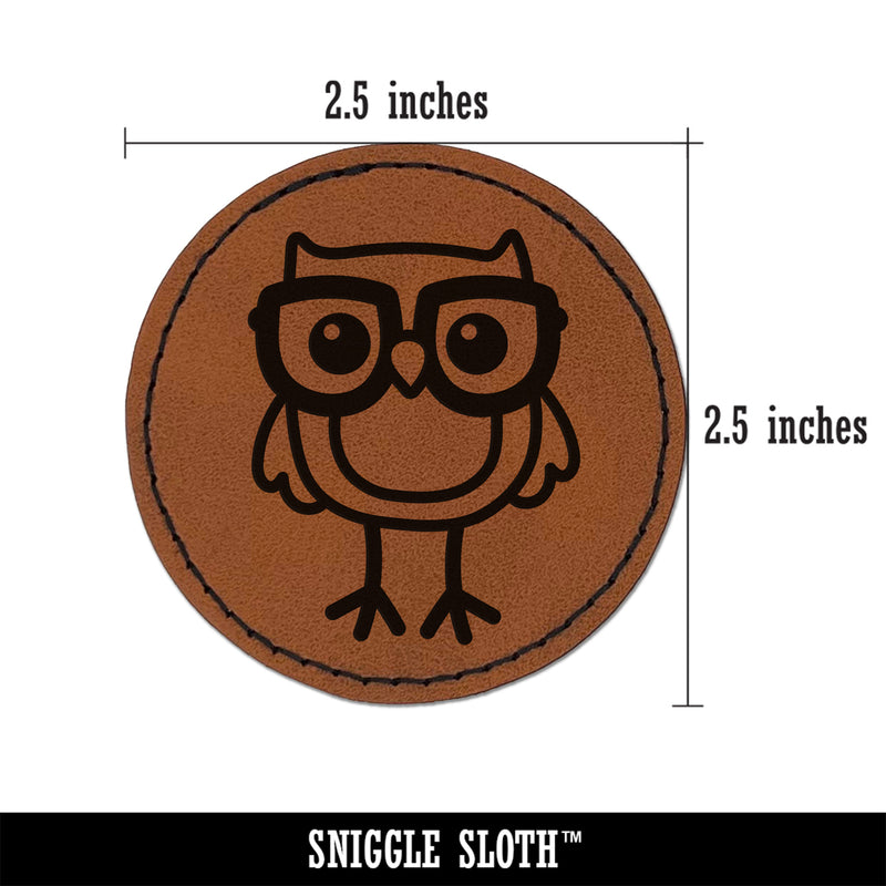 Owl Smart with Glasses Round Iron-On Engraved Faux Leather Patch Applique - 2.5"