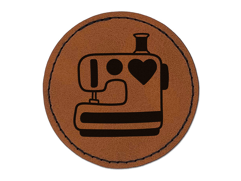 Sewing Machine with Heart Round Iron-On Engraved Faux Leather Patch Applique - 2.5"