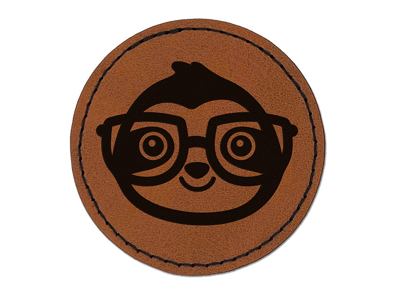 Sloth Smart with Glasses Round Iron-On Engraved Faux Leather Patch Applique - 2.5"