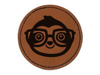 Sloth Smart with Glasses Round Iron-On Engraved Faux Leather Patch Applique - 2.5"