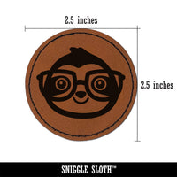 Sloth Smart with Glasses Round Iron-On Engraved Faux Leather Patch Applique - 2.5"