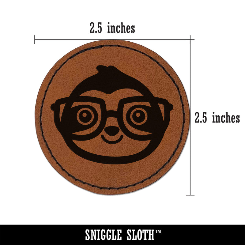 Sloth Smart with Glasses Round Iron-On Engraved Faux Leather Patch Applique - 2.5"