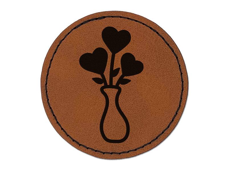 Vase of Heart Flowers Valentine's Day Round Iron-On Engraved Faux Leather Patch Applique - 2.5"