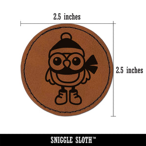 Winter Owl with Hat Scarf Round Iron-On Engraved Faux Leather Patch Applique - 2.5"