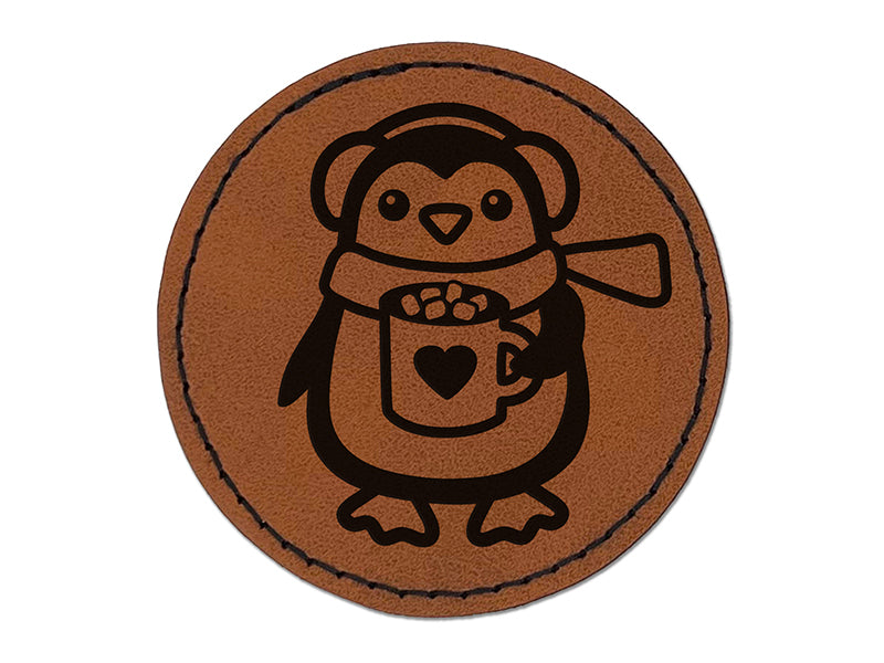 Winter Penguin with Hot Chocolate Heart Mug Round Iron-On Engraved Faux Leather Patch Applique - 2.5"