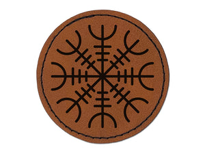 Aegishjalmur Helm of Awe Rune Viking Symbol of Protection Round Iron-On Engraved Faux Leather Patch Applique - 2.5"