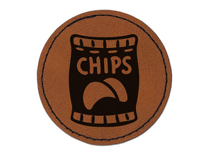 Bag of Potato Chips Snack Round Iron-On Engraved Faux Leather Patch Applique - 2.5"