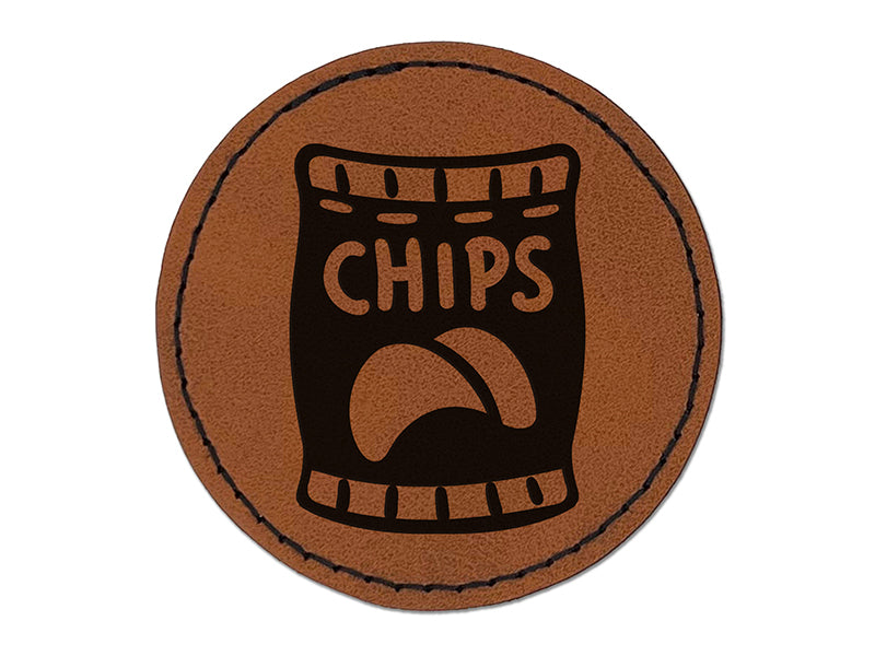 Bag of Potato Chips Snack Round Iron-On Engraved Faux Leather Patch Applique - 2.5"