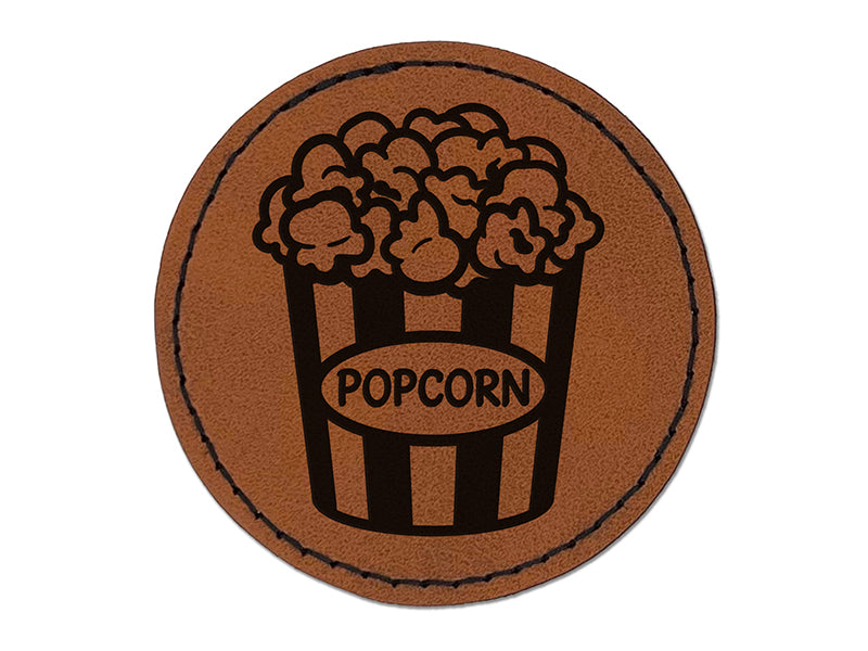 Big Bucket of Popcorn Movie Theater Round Iron-On Engraved Faux Leather Patch Applique - 2.5"