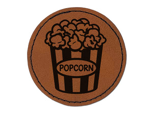 Big Bucket of Popcorn Movie Theater Round Iron-On Engraved Faux Leather Patch Applique - 2.5"