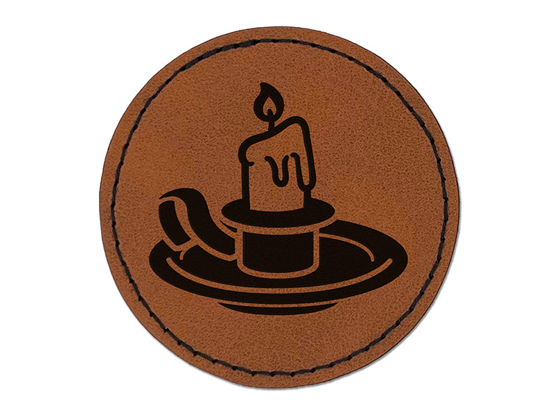 Candle on a Holder Round Iron-On Engraved Faux Leather Patch Applique - 2.5"