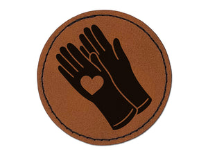 Caring Rubber Gloves Sanitizing Heart Round Iron-On Engraved Faux Leather Patch Applique - 2.5"