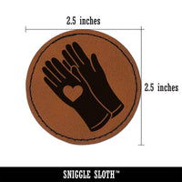 Caring Rubber Gloves Sanitizing Heart Round Iron-On Engraved Faux Leather Patch Applique - 2.5"