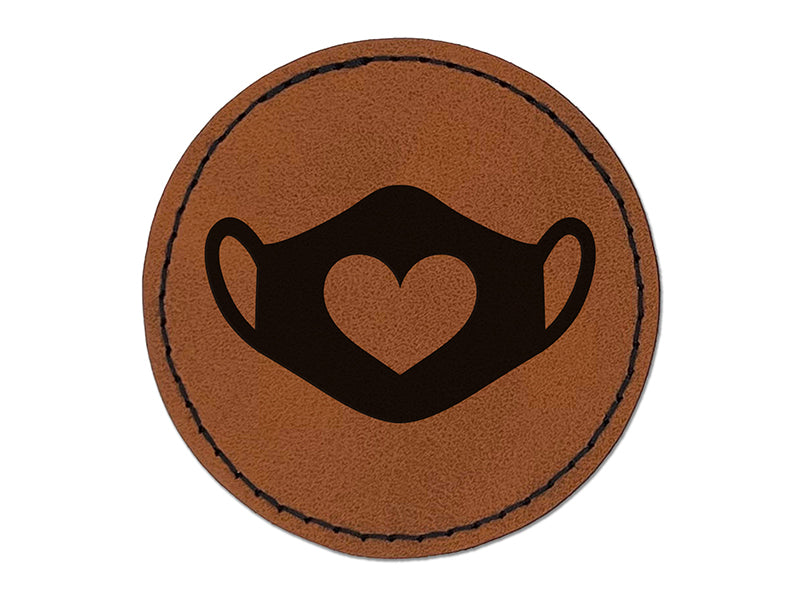 Caring Surgical Face Mask Heart Round Iron-On Engraved Faux Leather Patch Applique - 2.5"