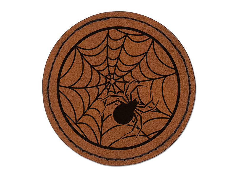 Creepy Spider in Spiderweb Round Iron-On Engraved Faux Leather Patch Applique - 2.5"