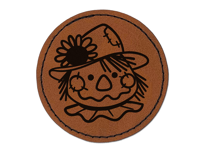 Cute Scarecrow Face Round Iron-On Engraved Faux Leather Patch Applique - 2.5"