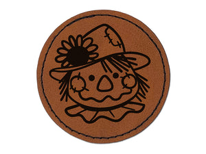 Cute Scarecrow Face Round Iron-On Engraved Faux Leather Patch Applique - 2.5"