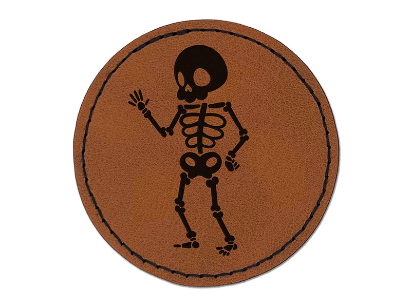 Cute Skeleton Waving Round Iron-On Engraved Faux Leather Patch Applique - 2.5"