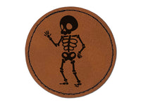 Cute Skeleton Waving Round Iron-On Engraved Faux Leather Patch Applique - 2.5"