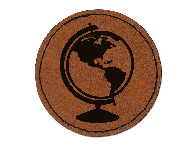Explorer World Globe of Planet Earth Round Iron-On Engraved Faux Leather Patch Applique - 2.5"