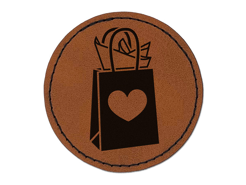 Gift Bag Heart Present Round Iron-On Engraved Faux Leather Patch Applique - 2.5"