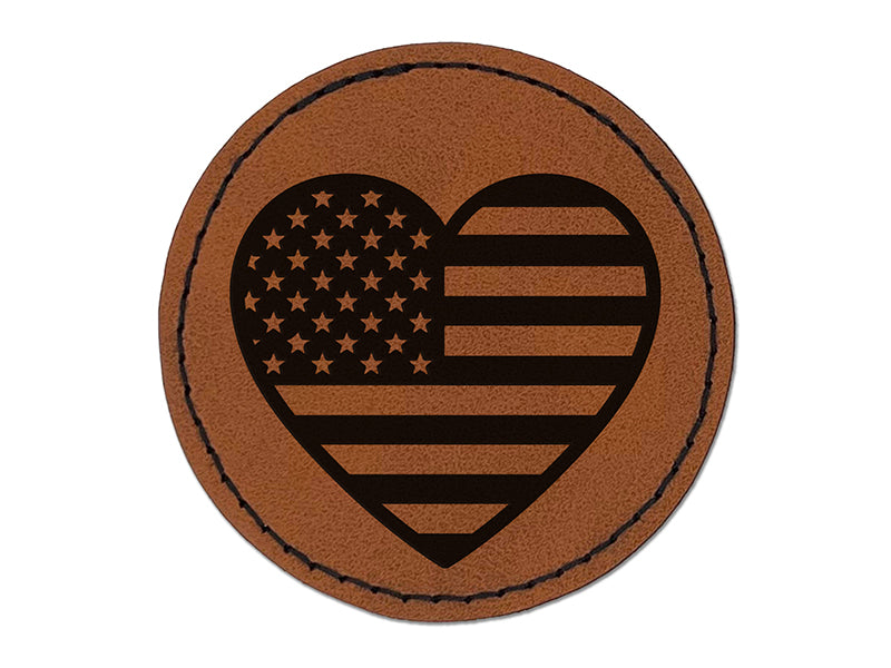 Heart Shaped American Flag United States of America USA Round Iron-On Engraved Faux Leather Patch Applique - 2.5"