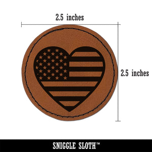 Heart Shaped American Flag United States of America USA Round Iron-On Engraved Faux Leather Patch Applique - 2.5"