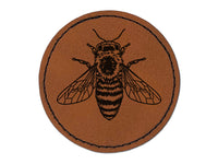 Realistic Fuzzy Honey Bee Round Iron-On Engraved Faux Leather Patch Applique - 2.5"