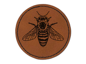 Realistic Fuzzy Honey Bee Round Iron-On Engraved Faux Leather Patch Applique - 2.5"