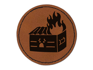 Sad Dumpster Fire Round Iron-On Engraved Faux Leather Patch Applique - 2.5"