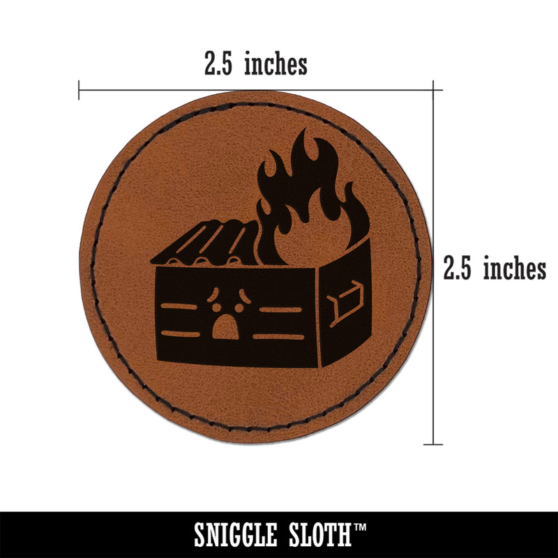 Sad Dumpster Fire Round Iron-On Engraved Faux Leather Patch Applique - 2.5"