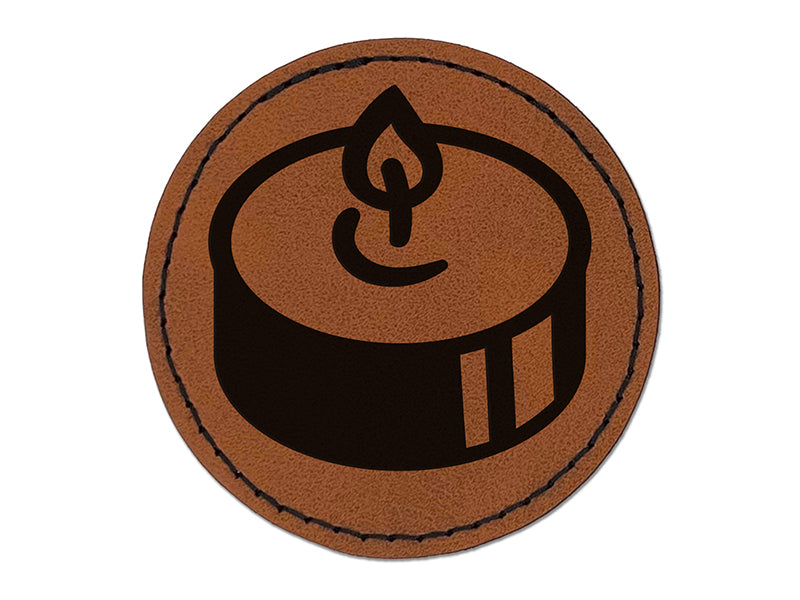 Tea Candle Light Round Iron-On Engraved Faux Leather Patch Applique - 2.5"