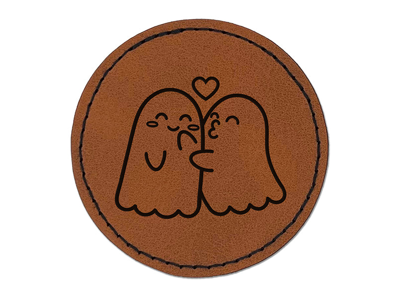 Two Ghosts in Love Kissy Face Halloween Round Iron-On Engraved Faux Leather Patch Applique - 2.5"