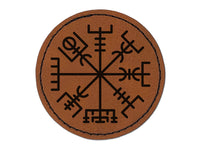 Viking Vegvisir Norse Protection Rune Round Iron-On Engraved Faux Leather Patch Applique - 2.5"