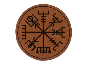 Viking Vegvisir Norse Protection Rune Round Iron-On Engraved Faux Leather Patch Applique - 2.5"