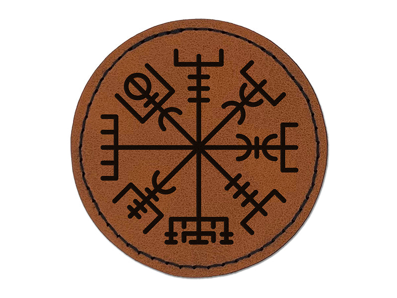 Viking Vegvisir Norse Protection Rune Round Iron-On Engraved Faux Leather Patch Applique - 2.5"