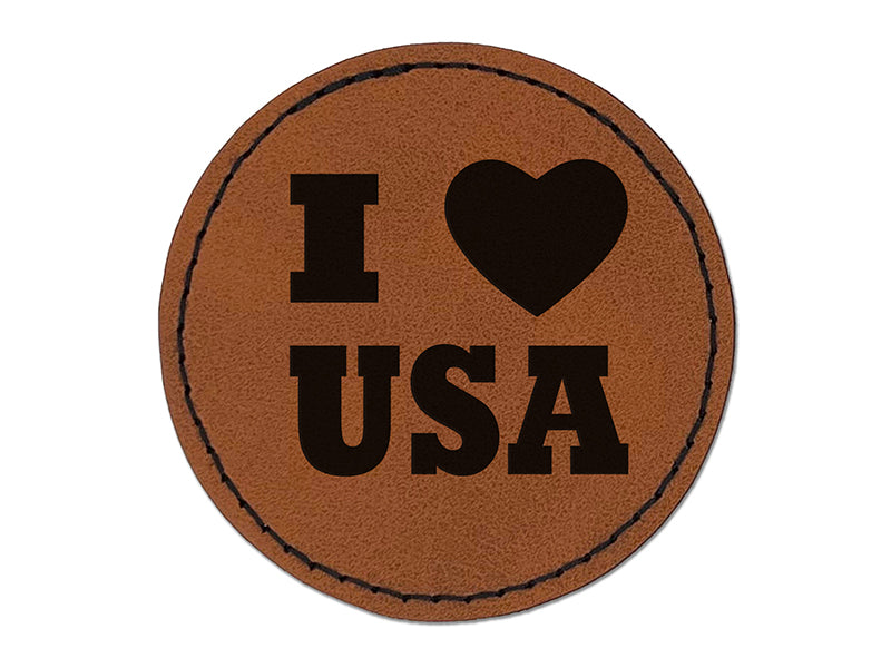 I Love Heart USA United States of America Patriotic Round Iron-On Engraved Faux Leather Patch Applique - 2.5"