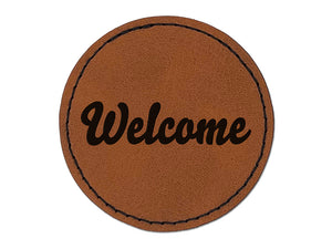 Welcome Fun Text Round Iron-On Engraved Faux Leather Patch Applique - 2.5"